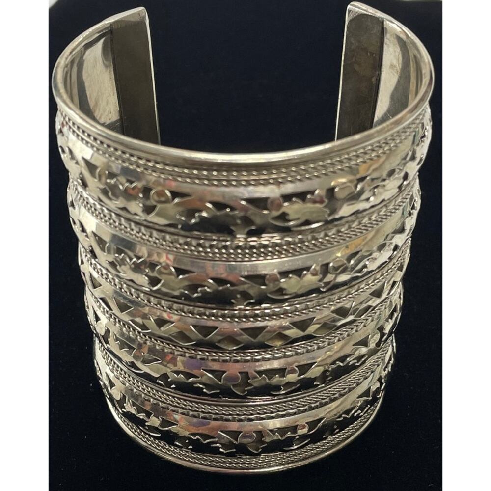 Unmarked Large Open Silvertone Cuff Scroll Cutout - image 3